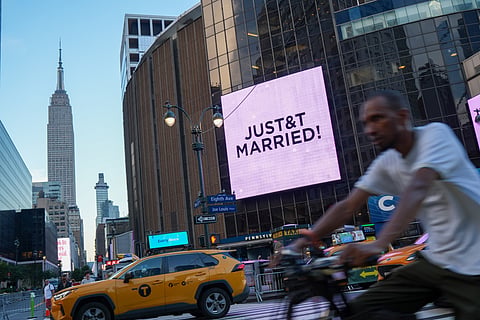 A "Just Married" sign is displayed on Madison Square Garden during a wedding between singer Taylor Swift and National Football League player Travis Kelce on Friday, July 3, 2026, in New York.