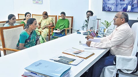 Family members of Sai Krishna attend the magisterial inquiry at the sub-collector’s office in Vijayawada on Saturday.