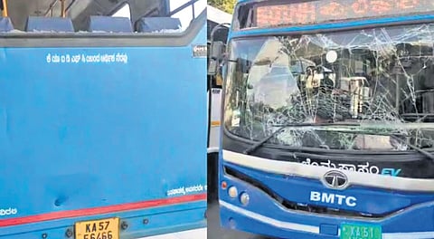 The two BMTC buses involved in the crash near Laggere bridge on Sunday
