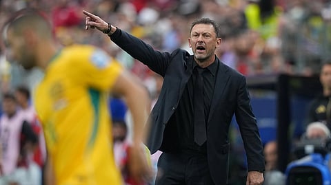 Australia head coach Tony Popovic instructs his players during a World Cup round of 32 soccer match against Egypt in Arlington, Texas, near Dallas, Friday, July 3, 2026.