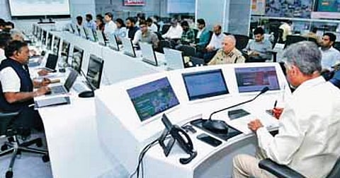 CM Nara Chandrababu Naidu holds a review meeting with officials on the functioning
of RTGS centres at the AP Secretariat on Monday.
