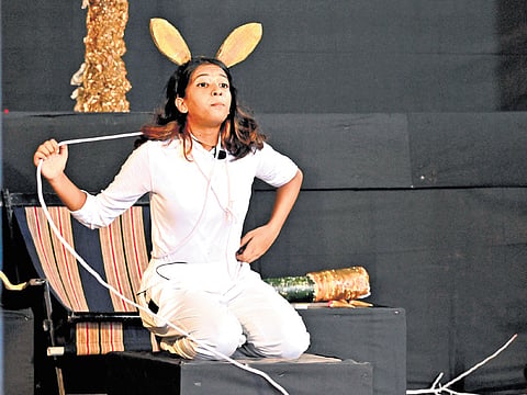 Isha performing a solo drama during the Plus-I Praveshanolsavam at Ernakulam GGHSS