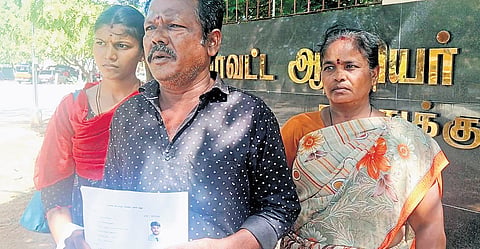 The family of M Manikandan at the Thoothukudi collectorate on Monday