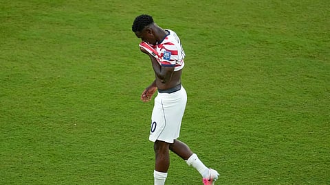 United States' Folarin Balogun reacts to a red card during the World Cup round of 32 soccer match against Bosnia in Santa Clara, Wednesday, July 1, 2026.
