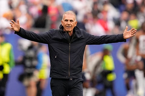 Ghana head coach Carlos Queiroz reacts during the World Cup L soccer match between England and Ghana in Foxborough, Mass., Tuesday, June 23, 2026.