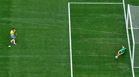 Norway goalkeeper Oerjan Nyland (1) saves a penalty from Brazil's Bruno Guimaraes (8) during the World Cup round of 16 soccer match between Brazil and Norway in East Rutherford, N.J., near New York, Sunday, July 5, 2026.