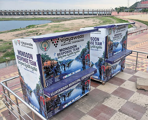 VMC sets up Monsoon Response booths in view of monsoons near Prakasam Barrage in Vijayawada on Monday.