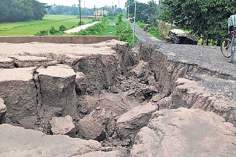 The damaged portion of NH-55 near Purohitput village in Jagatsinghpur