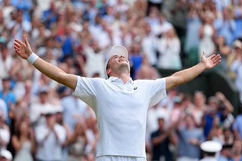 Arthur Fery of Britain celebrates after winning the men's singles fourth round match against of Bulgaria at the WImbledon Tennis Championships in London, Monday, July 6, 2026.
