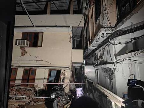 The two-storey building on MG Road in Kochi that tilted after a hydraulic jack slipped during foundation-lifting work on Tuesday.