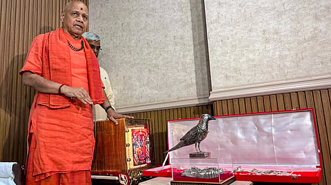 Janmabhoomi Teerth Kshetra Trust Treasurer Govind Dev Guru shows items donated by devotees to the Ram Temple during an interaction with media, in Ayodhya, Monday, July 6, 2026.