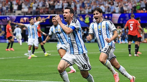 Lionel Messi celebrates the equalising goal against Argentina on Tuesday