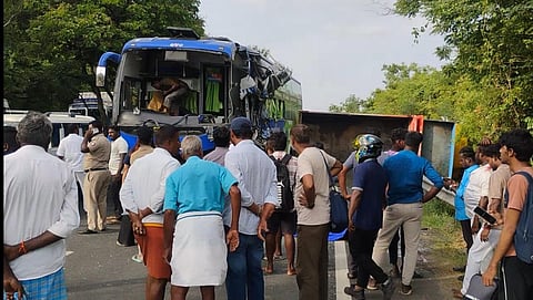 The impact was so severe that the lorry tore through the bus before overturning.