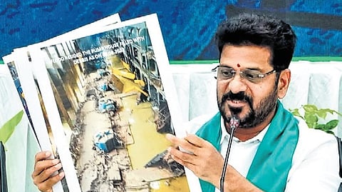 Chief Minister A Revanth Reddy speaks during a presentation on irrigation projects, at Praja Bhavan in Hyderabad
