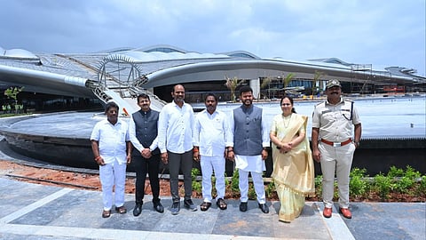 Union Minister for Civil Aviation Kinjarapu Rammohan Naidu inspecting the Alluri Sitharama Raju Bhogapuram International Airport along with Vizianagaram MP Kalisetti Appalanalaidu, Nellimarla MLA Lokam Naga Madhavi, district officials and GMR representatives.