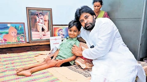 File photo of deputy CM Pawan Kalyan visiting Niranjan who was suffering from a rare disease in Hanamkonda on 17th June, 2026.