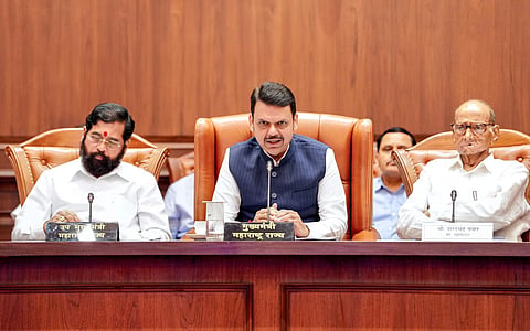 (From left) Maharashtra DCM Eknath Shinde, CM Devendra Fadnavis and NCP (SP) chief Sharad Pawar at a high-power committee meeting in Mumbai.
