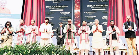 Vice-President CP Radhakrishnan, Governor Hari Babu Kambhampati, Chief Minister Mohan Charan Majhi, Union ministers Dharmendra Pradhan and Rajeev Ranjan, and others at the function