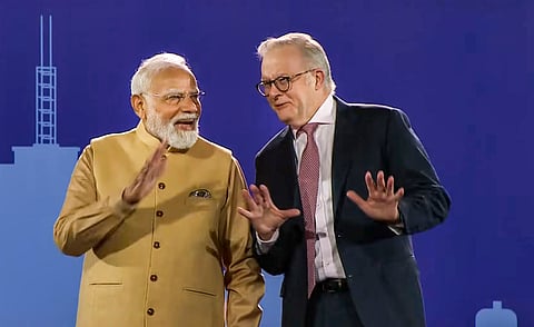 In this screengrab from a video posted on July 9, 2026, Prime Minister Narendra Modi with Australian Prime Minister Anthony Albanese during a community event, in Melbourne, Australia.