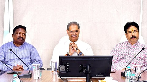 Dy CM KV Singh Deo with ministers Naik and Mahapatra during the meeting.