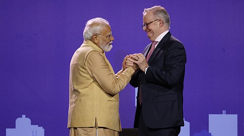 Australian Prime Minister Anthony Albanese, right, during a community event in honour of Prime Minister Narendra Modi in Melbourne, Australia, Thursday, July 9, 2026.