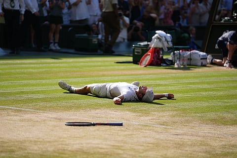 Arthur Fery of Britain reacts to winning against Flavio Cobolli of Italy in their quarter-final men's singles match at the Wimbledon Tennis Championships in London, Wednesdy, July 8, 2026.