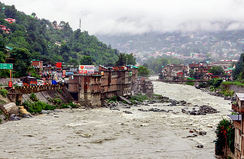 A view of the swollen Beas river after its water level rose following heavy rainfall, in Kullu, Himachal Pradesh, Friday, July 10, 2026.