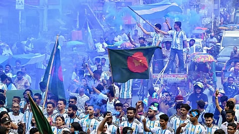 Bangladesh football fans decked in the colours of Lionel Messi's Argentina march in Dhaka marking the beginning of the 2026 Fifa World Cup season