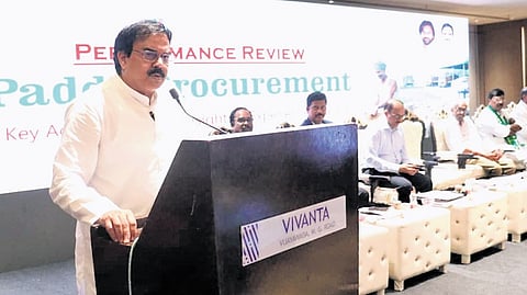 Civil Supplies Minister Nadendla Manohar addressing a review meeting on two years of paddy procurement and Kharif preparedness.