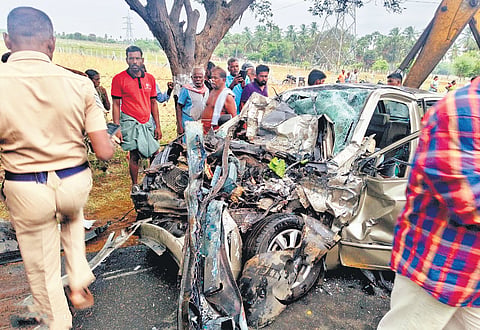 The mangled remains of the car that met with the accident