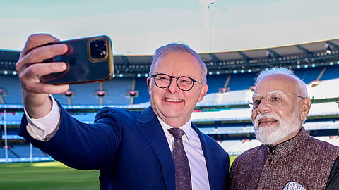 Prime Minister Narendra Modi poses for a selfie with Australian Prime Minister Anthony Albanese at the Melbourne Cricket Ground in Melbourne, Australia.