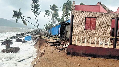 A damaged house which was abandoned by residents at Harwada in Uttara Kannada