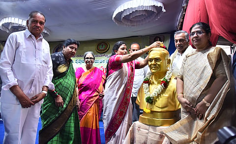 AP HC Judge Dr. Justice Venkata Jyothirmai Pratapa and other during the 3rd International Telugu Writers Meeting in Vijayawada on Saturday.