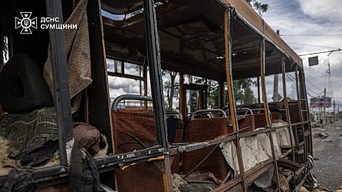 In this photo provided by the Ukrainian Emergency Service, a burnt passenger bus is seen following a Russian air attack in Sumy, Ukraine, Saturday, July 11, 2026.