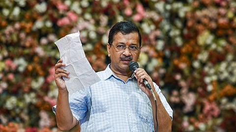Aam Aadmi Party (AAP) National Convenor Arvind Kejriwal addresses the crowd as he participates in a Sunderkand Path at Japanese Park in New Delhi on Sunday, July 12, 2026.