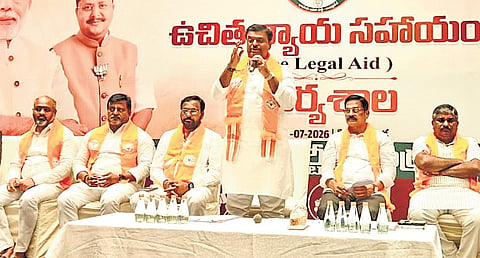 State BJP president PVN Madhav speaking at the party’s ‘Janata Varadhi’, a free legal aid workshop, in Vijayawada on Saturday