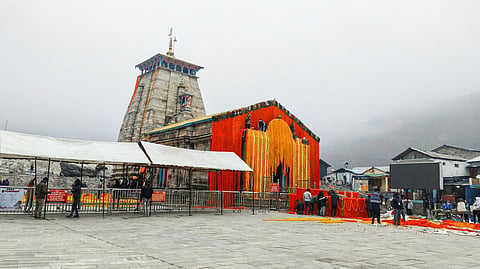 A view of the Kedarnath Jyotirlinga Temple adorned with flowers in Rudraprayag.
