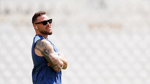 England head coach Brendon McCullum attends a nets session in Nottingham, England, Monday, July 6, 2026.