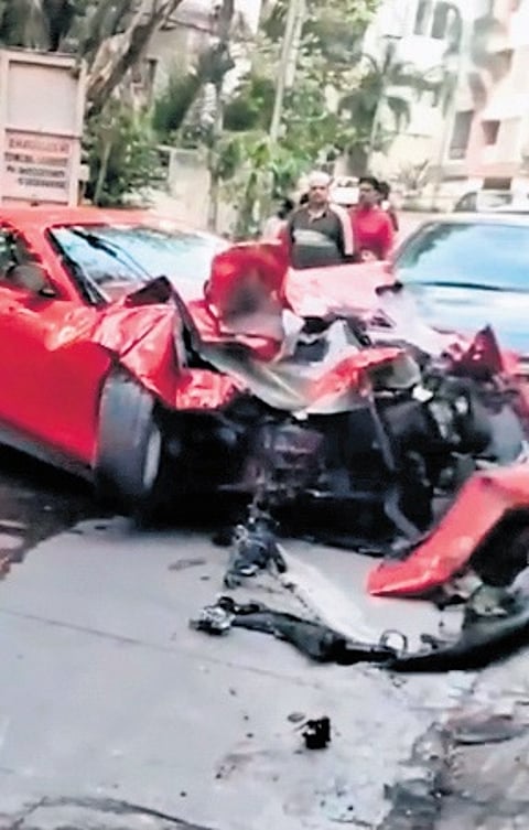 The mangled Ferrari Roma at Film Nagar, Hyderabad, on Sunday. Occupants fled after the accident