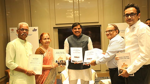 The high-level committee on UCC submits the report to Madhya Pradesh Chief Minister Mohan Yadav in Bhopal on Monday, July 13, 2026.