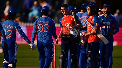 England's Harry Brook shakes hands with India's Vaibhav Sooryavanshi after England won the fourth T20 at the Seat Unique Stadium in Bristol on July 9