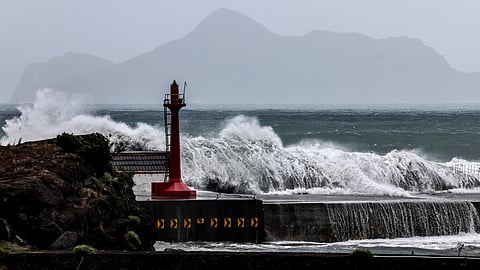 Waves crash into the coastline in Yilan on July 10, 2026, as Typhoon Bavi moves toward northeastern Taiwan.