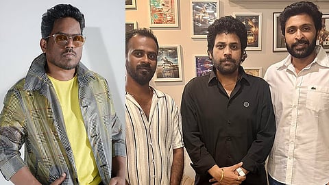 Yuvan Shankar Raja (L), director Siddharth, producer Raahul, and Vikram Prabhu (R)