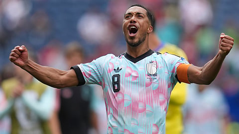 Belgium's Youri Tielemans (8) celebrates their win after the World Cup round of 32 soccer match between Belgium and Senegal in Seattle, Wednesday, July 1, 2026.