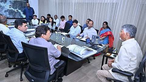 CM during a high-level review meeting at the Camp Office with Tourism Minister Kandula Durgesh, senior irrigation officials.