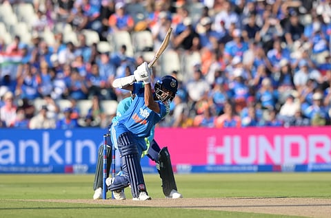 India's Washington Sundar hits a six during the first ODI cricket match between England and India in Birmingham, England, Tuesday, July 4, 2026.