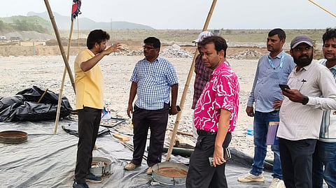 Experts from the Central Soil and Materials Research Station (CSMRS) inspect and test soil and construction materials at the Earth-cum-Rock Fill (ECRF) Dam site of the Polavaram Project on Tuesday.