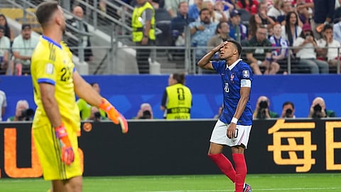 France's Kylian Mbappe reacts during a World Cup semifinal soccer match against Spain in Arlington, Texas, near Dallas, Tuesday, July 14, 2026.