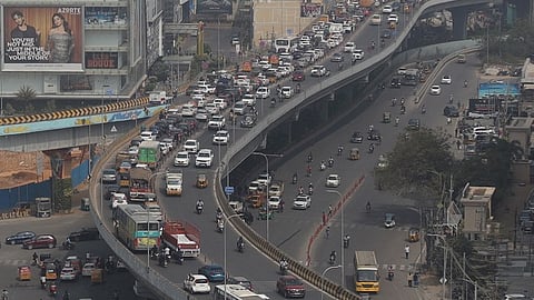 A busy flyover on the Kothaguda-Kondapur flyover near Sarath City Capital, Hyderabad.