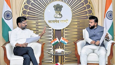 Chief Minister A Revanth Reddy with Union Civil Aviation Minister Kinjarapu Rammohan Naidu in New Delhi on Tuesday.